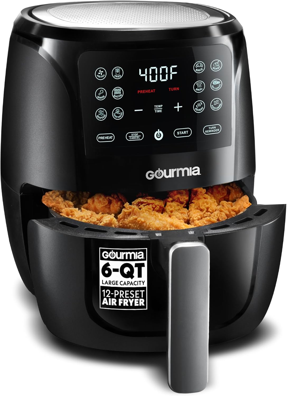 Gourmia Air Fryer - 6 Qt Basket Capacity, 12 Cooking Presets, Black