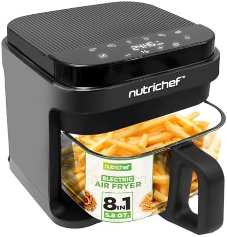 Nutrichef 5.8 Quart Air Fryer with transparent fry bowl and 8-in-1 preset cook modes