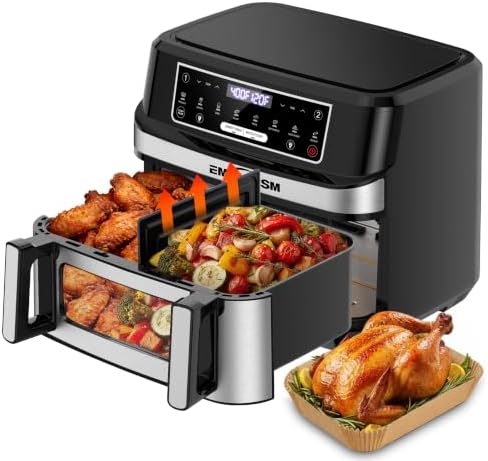Emphsism 12QT Large Dual Zone Air Fryer with Removable Divider, 1 x 12QT Mega Zone or 2 Independent 6QT Zones, Nonstick Dishwasher-Safe Basket